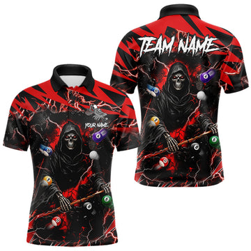Maxcorners Red Grim Reaper Lightning Billiard Shirts For Men Custom 8 Ball Pool Team Jersey Polo & 1/4 Zip LM1406
