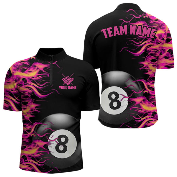 Maxcorners Pink Fire Flame 8 Ball Pool Billiard Shirt For Men Custom Billiard Team Jersey Polo & 1/4 Zi LM1307