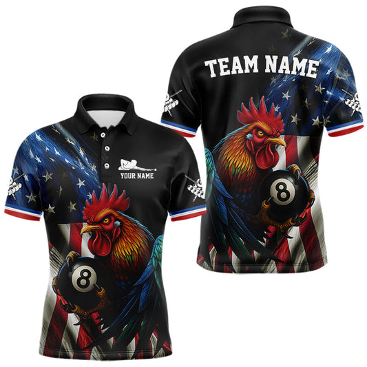 Maxcorners American Flag Rooster 8 Ball Men Billiard Polo & 1/4 Zip Custom Patriotic Team Billiard Jersey LM1411