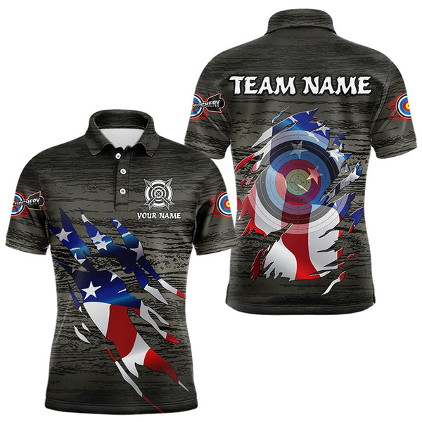 Maxcorners Personalized Grey Grunge Usa Flag Archery Shirts For Men, American Patriotic Archery Team Jerseys