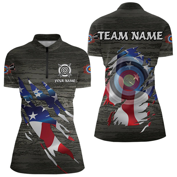 Maxcorners Personalized Grey Grunge Usa Flag Archery Shirts For Men, American Patriotic Archery Team Jerseys