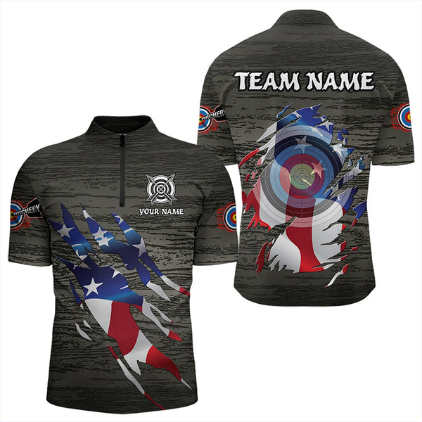 Maxcorners Personalized Grey Grunge Usa Flag Archery Shirts For Men, American Patriotic Archery Team Jerseys