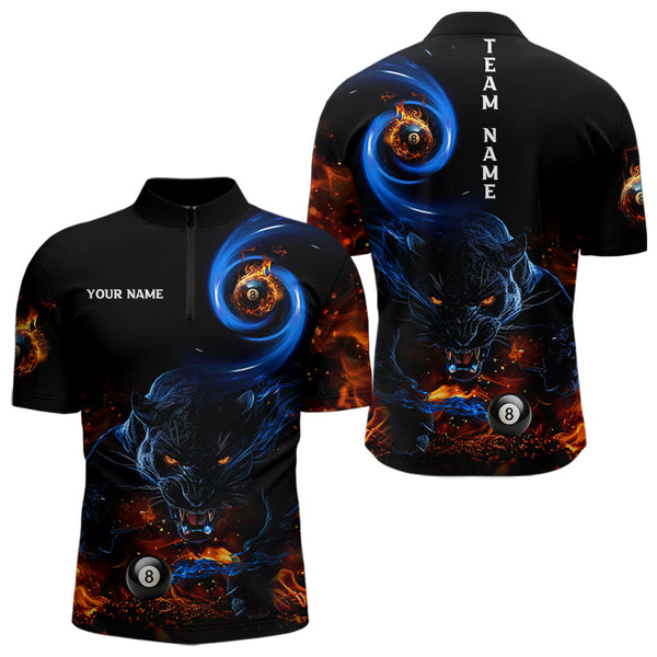 Maxcorners Personalized Orange And Blue Flaming 3D Panther Billiard Shirts For Men, Cool Team Billiard Jerseys
