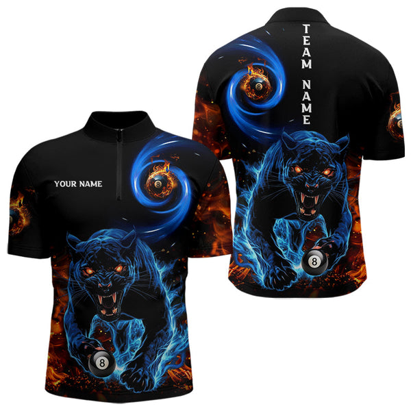 Maxcorners Personalized Orange And Blue Flaming 3D Panther Billiard Shirts For Men, Cool Team Billiard Jersey