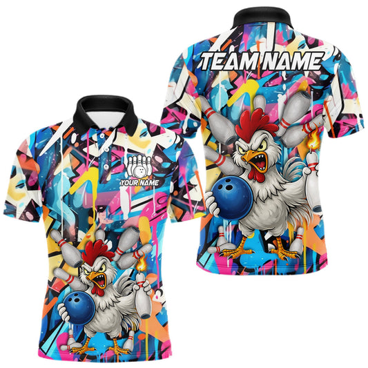 Maxcorners Funny Rooster Colorful Graffiti Style Custom Bowling Shirt For Men, Bowling Jersey Polo & 1/4 Zip