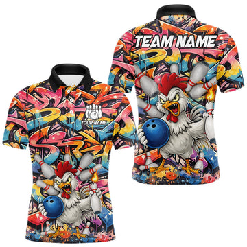 Maxcorners Funny Rooster Graffiti Style Bowling Jersey For Men Custom Bowling Team Jersey Polo & 1/4 Zip