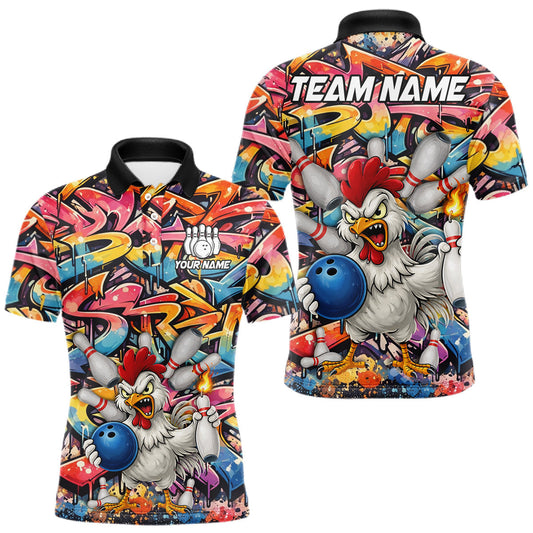 Maxcorners Funny Rooster Graffiti Style Bowling Jersey For Men Custom Bowling Team Jersey Polo & 1/4 Zip