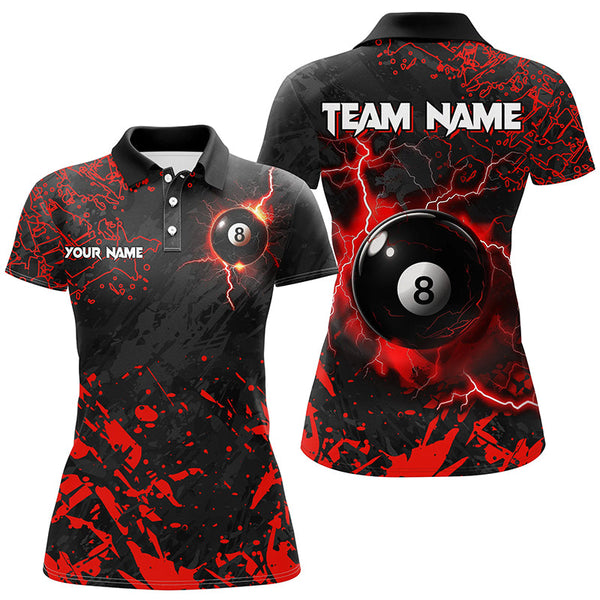 Maxcorners Red Grunge 8 Ball Pool Thunder Lightning Women Polo Shirts