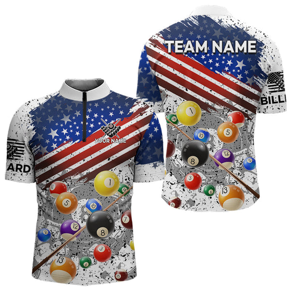 Maxcorners Personalized White Grunge American Flag Billiard Shirt For Men, Patriotic 8 Ball Pool Team Jerseys  LM2206