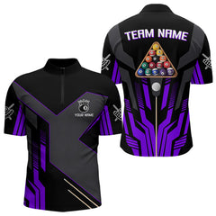 Maxcorners Personalized Purple Black 8 Ball Pool Shirt For Men, Billiard League Team Jersey Polo & 1/4 Zip MT2306