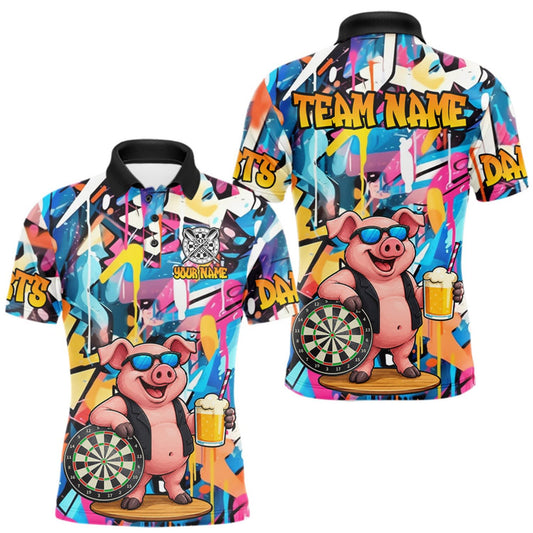 Maxcorners Funny Pig Colorful Graffiti Darts Shirt For Men Custom Darts Team Jersey Polo, Quarter Zip Shirt LM1508