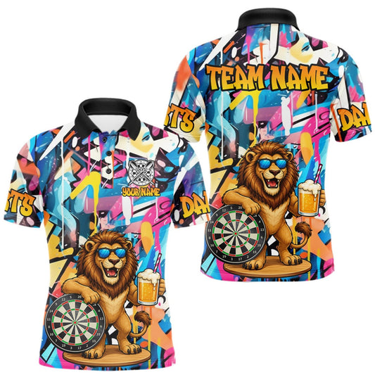 Maxcorners Funny Lion Colorful Graffiti Darts Shirt For Men Custom Darts Team Jersey Polo, Quarter Zip Shirt LM1508
