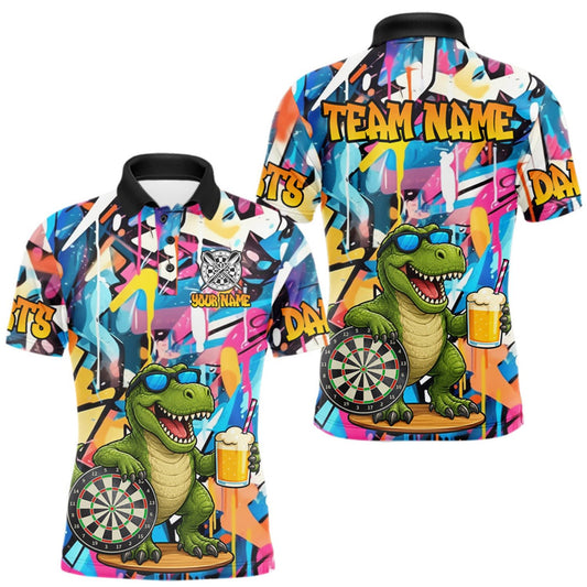 Maxcorners Funny Dinosaur Colorful Graffiti Darts Shirt For Men Custom Darts Team Jersey Polo, 1/4 Zip Shirt LM1508