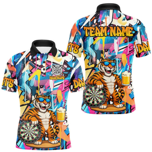 Maxcorners Funny Tiger Colorful Graffiti Darts Shirt For Men Custom Darts Team Jersey Polo, Quarter Zip Shirt LM1508