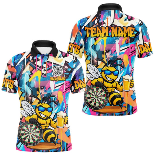Maxcorners Funny Bee Colorful Graffiti Darts Shirt For Men Custom Darts Team Jersey Polo, Quarter Zip Shirt LM1508