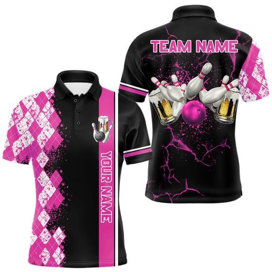 Maxcorners Pink And Black Argyle Pattern Bowling Beer Custom Bowling Shirts For Men Bowling Team League Jersey