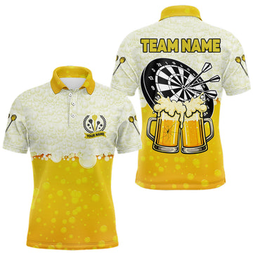 Maxcorners Personalized Yellow Funny Darts And Beer Men's Dart Shirts, Darts Team Jersey Polo & 1/4 Zip LM2512