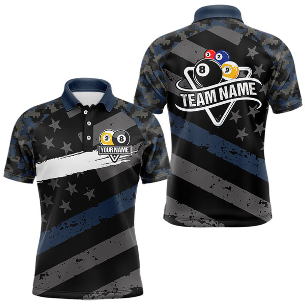 Maxcorners Blue Camo US Flag 8 Ball & 9 Ball Pool Jersey For Men Custom Billiard Team Shirt Polo & 1/4 Zip LM1610