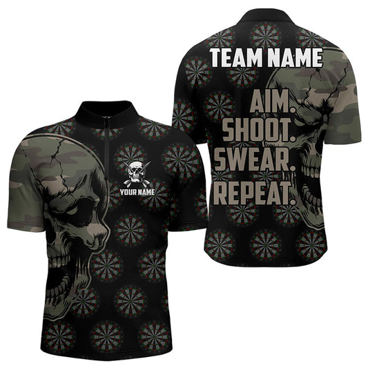 Maxcorners Funny Camo Darts Skull Aim Shoot Swear Repeat Custom Dart Shirts For Men, Vintage Dart Team Jerseys
