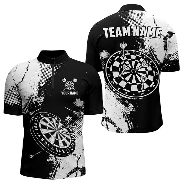 Maxcorners Grunge Black And White Dart Polo & Quarter Zip Custom Dart Shirts For Men, Retro Dart Jerseys