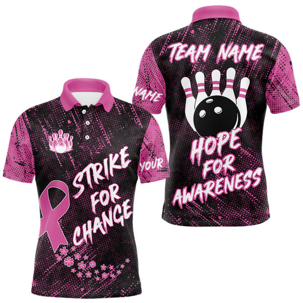 Maxcorners Strike For Change Pink Ribbon Custom Bowling Shirt For Men, Breast Cancer Awareness Bowling Jersey LM1708