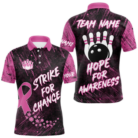 Maxcorners Strike For Change Pink Ribbon Custom Bowling Shirt For Men, Breast Cancer Awareness Bowling Jersey LM1708