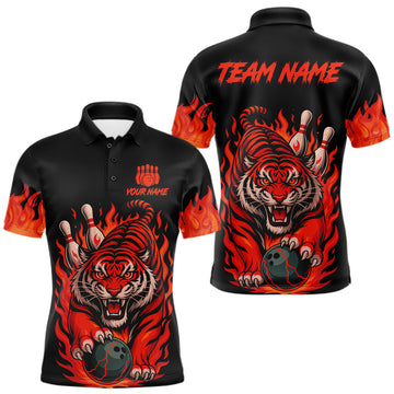 Maxcorners Black And Red Flame Tiger Bowling Polo, 1/4 Zip Shirts For Men Custom Team Tiger Bowling Jersey
