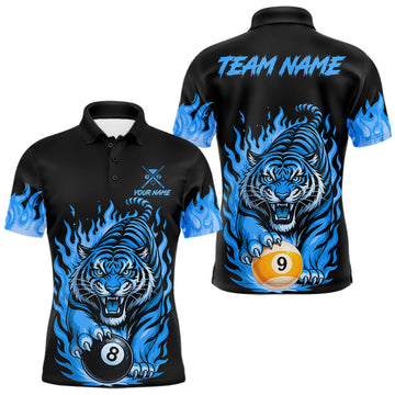 Maxcorners Black And Blue Flame Tiger Billiard Shirts For Men Custom 8 Ball & 9 Ball Pool Team Jersey