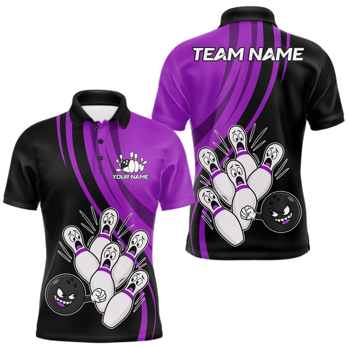 Maxcorners Funny Bowling Ball And Pins Black And Purple Bowling Shirts For Men Custom Bowling Team Jersey