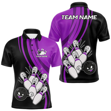 Maxcorners Funny Bowling Ball And Pins Black And Purple Bowling Shirts For Men Custom Bowling Team Jersey