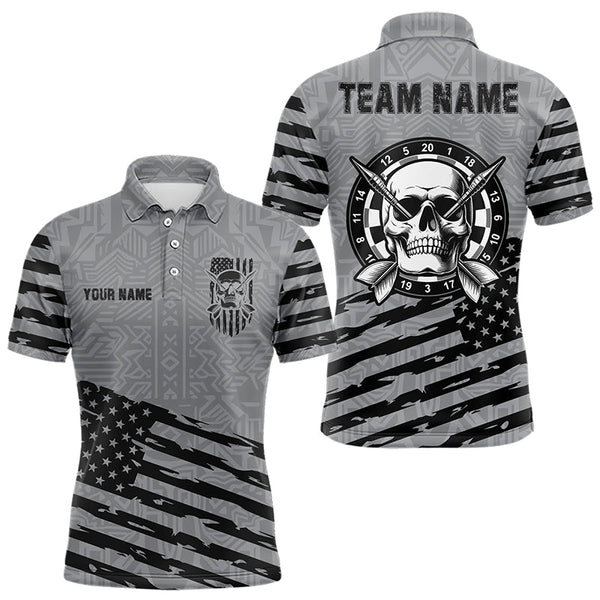 Maxcorners Personalized Grey Us Flag Skull Dart Shirts For Men Custom Patriotic Cool Dart Team Jerseys