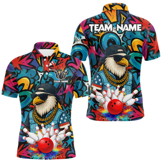 Maxcorners Funny Eagle Colorful Graffiti Bowling Shirt For Men Custom Bowling Team Jersey Polo & 1/4 Zpip LM2201