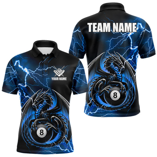 Maxcorners Custom Blue Thunder Lightning 8 Ball Pool Dragon Billiard Shirts For Men, Billiard Team Jersey