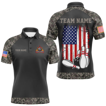 Maxcorners Personalized Retro Camo American Flag Bowling Shirts For Men Custom Patriotic Bowling Team Jersey