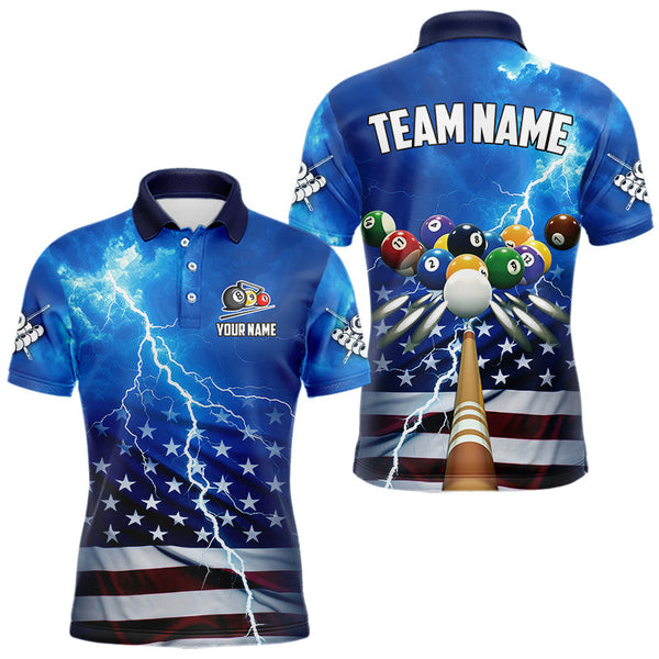 Maxcorners Blue Thunder Lightning American Flag Billiard Shirt For Men Custom Patriotic Pool Balls Jersey TU1908