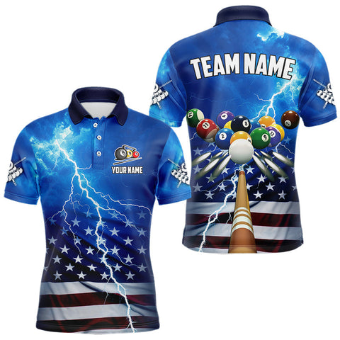 Maxcorners Blue Thunder Lightning American Flag Billiard Shirt For Men Custom Patriotic Pool Balls Jersey TU1908