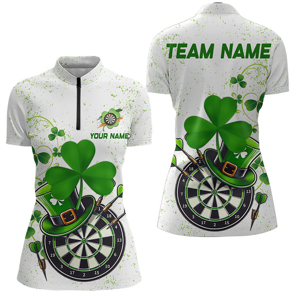 Maxcorners Luckiest Green Shamrock White Grunge Dart Shirts For Men Custom St Patrick Day Dart Team Jerseys