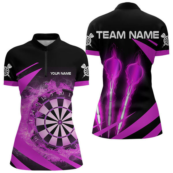 Maxcorners Black And Purple Fire Flame Darts Polo & Quarter Zip Custom Dart Shirt For Men Darts League Jerseys