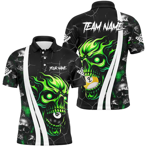 Maxcorners Green Billiard Skull 8 Ball & 9 Ball Custom Pool Shirts For Men, Unique Team Billiard Jersey Design