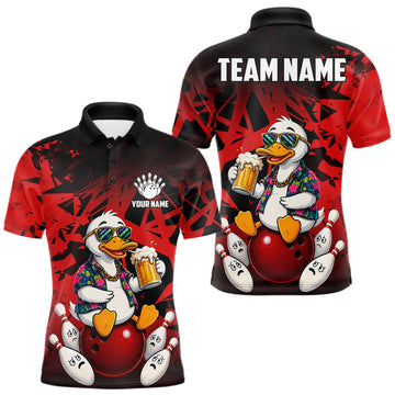 Maxcorners Personalized Red Funny Duck Beer Bowling Jersey For Men Bowling Team Shirt, Gift For Bowlers