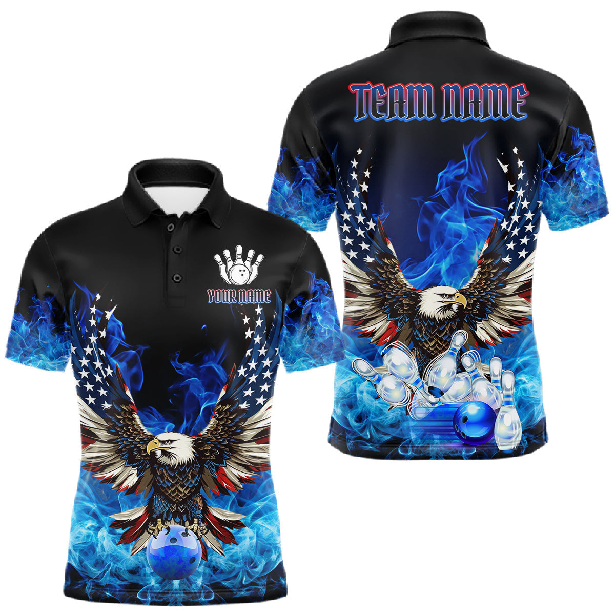 Maxcorners Blue Flaming American Flag Eagle Bowling Shirts For Men Custom Patriotic Bowling Team Jersey