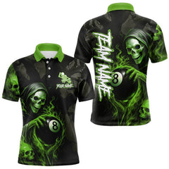 Maxcorners Grim Reaper Custom Flame 8 Ball Pool Billiard Shirt For Men, Black And Green Billiard Team Jersey LM1812