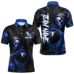 Maxcorners Grim Reaper Custom Flame 8 Ball Pool Billiard Shirt For Men, Black And Blue Billiard Team Jersey LM1812