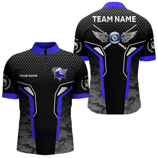 Maxcorners Black And Blue 10 Ball Pool Wings Custom Camo Billiard Shirt For Men, 10 Ball Billiard Team Jerseys