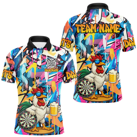 Maxcorners Funny Rooster Colorful Graffiti Darts Shirt For Men Custom Darts Team Jersey Polo & 1/4 Zip LM1904