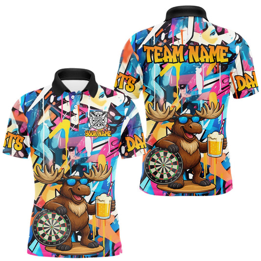 Maxcorners Funny Moose Colorful Graffiti Darts Shirt For Men Custom Darts Team Jersey Polo & 1/4 Zip LM1904