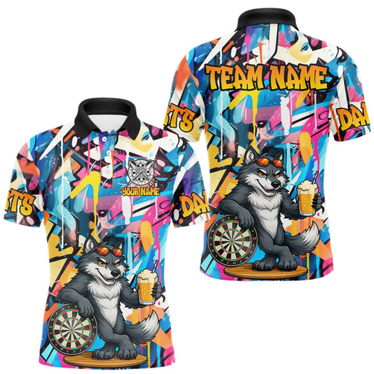 Maxcorners Funny Wolf Colorful Graffiti Darts Shirt For Men Custom Darts Team Jersey Polo & 1/4 Zip LM1904