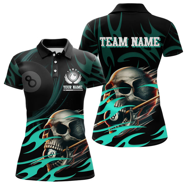 Maxcorners Turquoise Funny Skull 8 Ball Pool Shirt For Men Custom Billiard Team Jersey Polo & 1/4 Zip LM2007