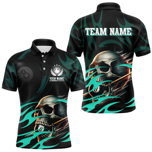 Maxcorners Turquoise Funny Skull 8 Ball Pool Shirt For Men Custom Billiard Team Jersey Polo & 1/4 Zip LM2007