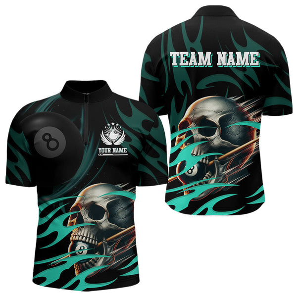 Maxcorners Turquoise Funny Skull 8 Ball Pool Shirt For Men Custom Billiard Team Jersey Polo & 1/4 Zip LM2007